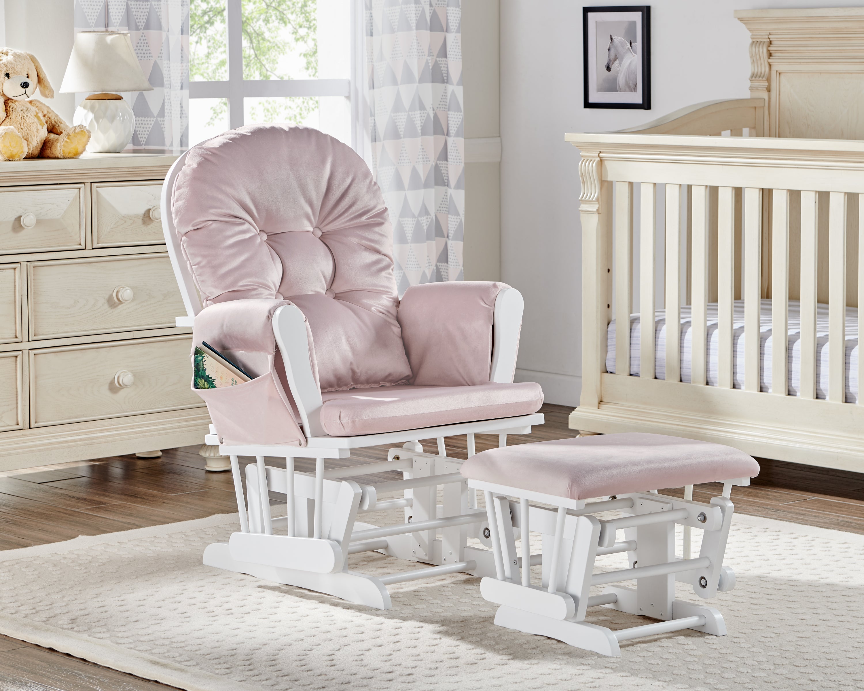 Mason Glider and Ottoman White Wood and Pink Fabric | Premium Home Decor - Grand Goldman