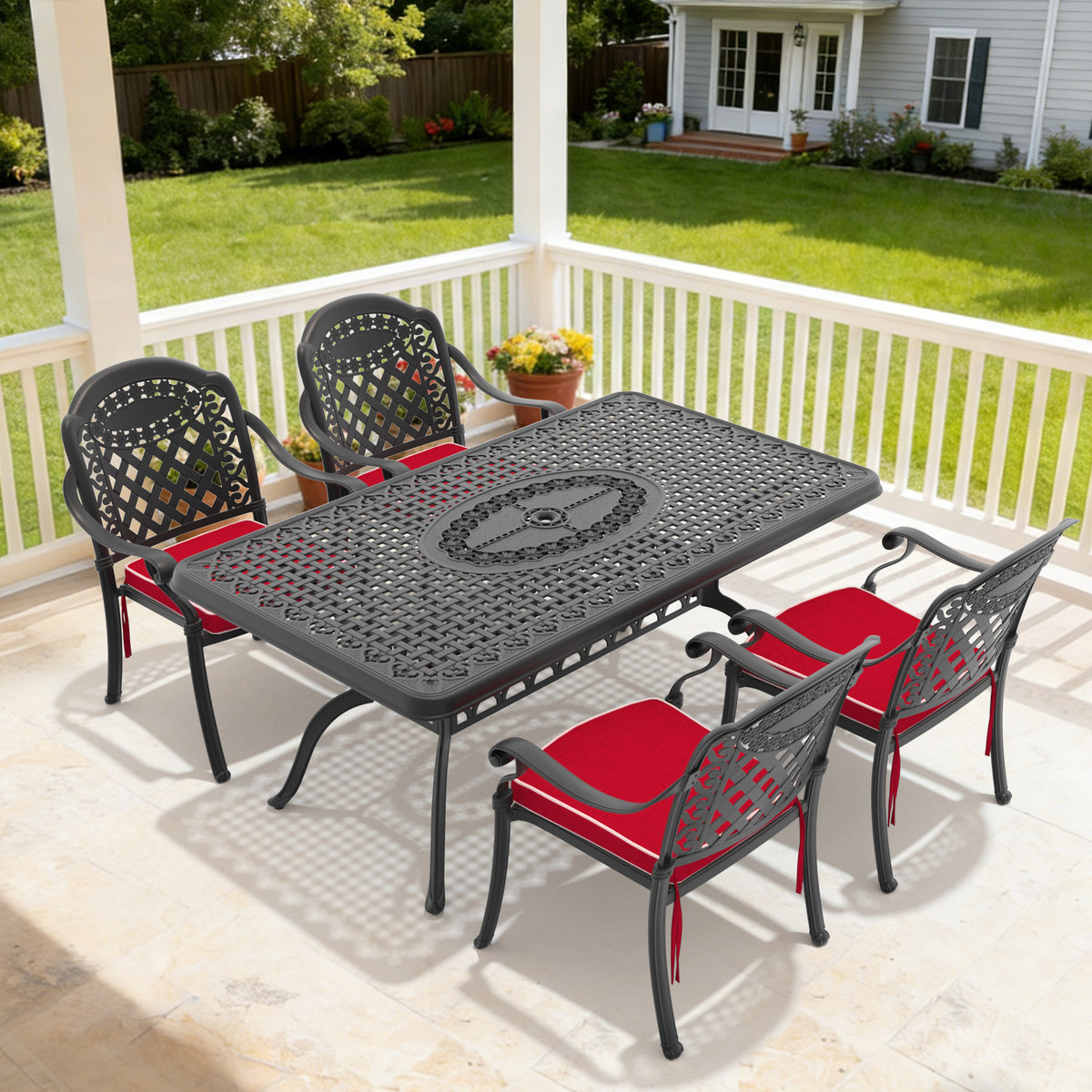 5-Piece Set Of Cast Aluminum Patio Furniture With Black Frame and Red Cushions