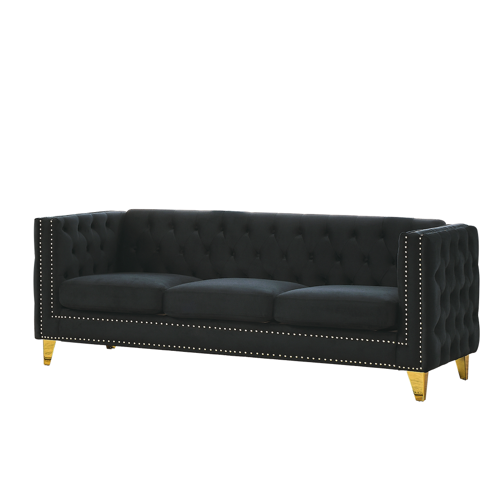Modern Black Velvet Sofa with Button Tufting and Metal Legs, 3-Seater Couch for Living Room or Bedroom, Upholstered in Soft Velvet with Solid Wood Frame - Grand Goldman Shop