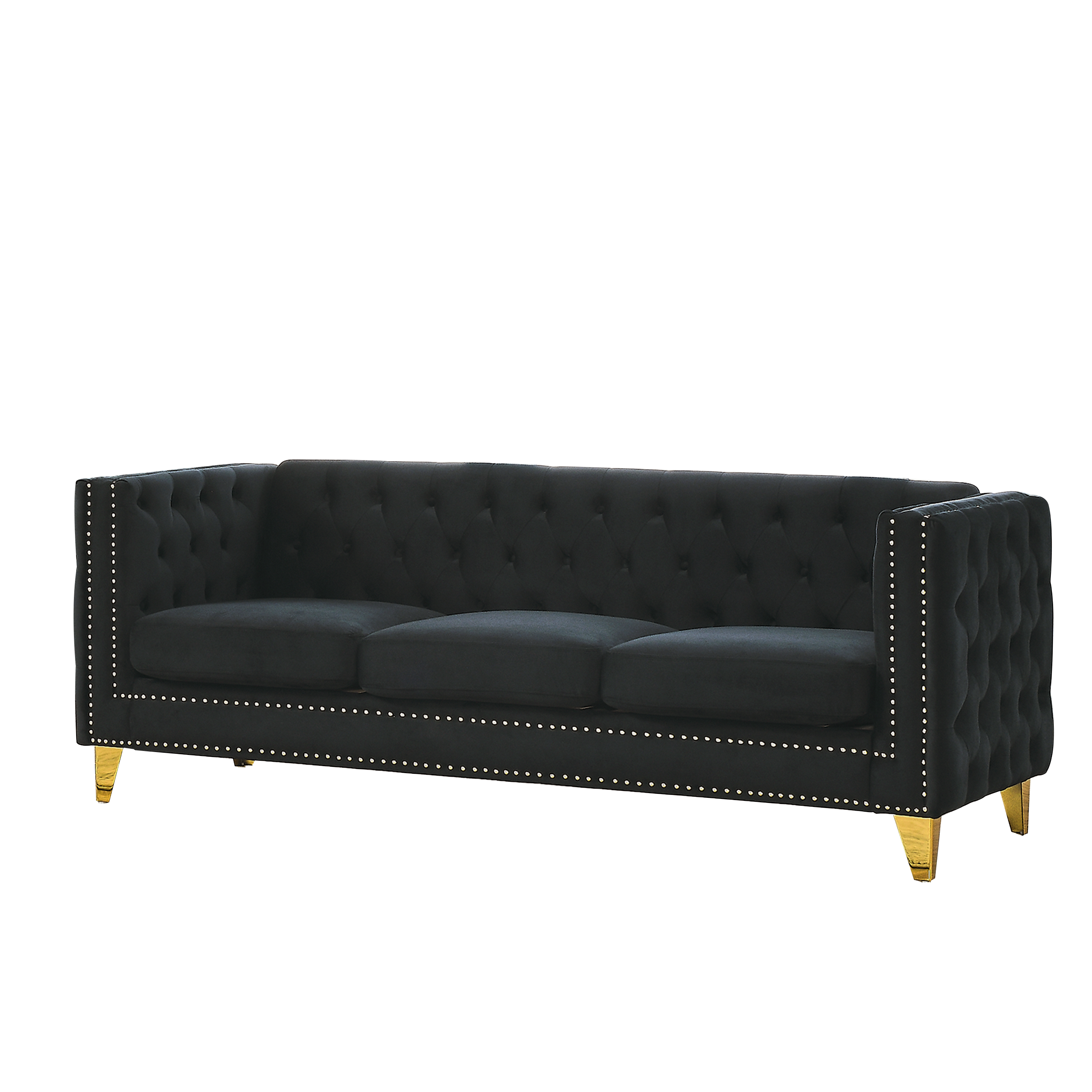 Modern Black Velvet Sofa with Button Tufting and Metal Legs, 3-Seater Couch for Living Room or Bedroom, Upholstered in Soft Velvet with Solid Wood Frame - Grand Goldman Shop