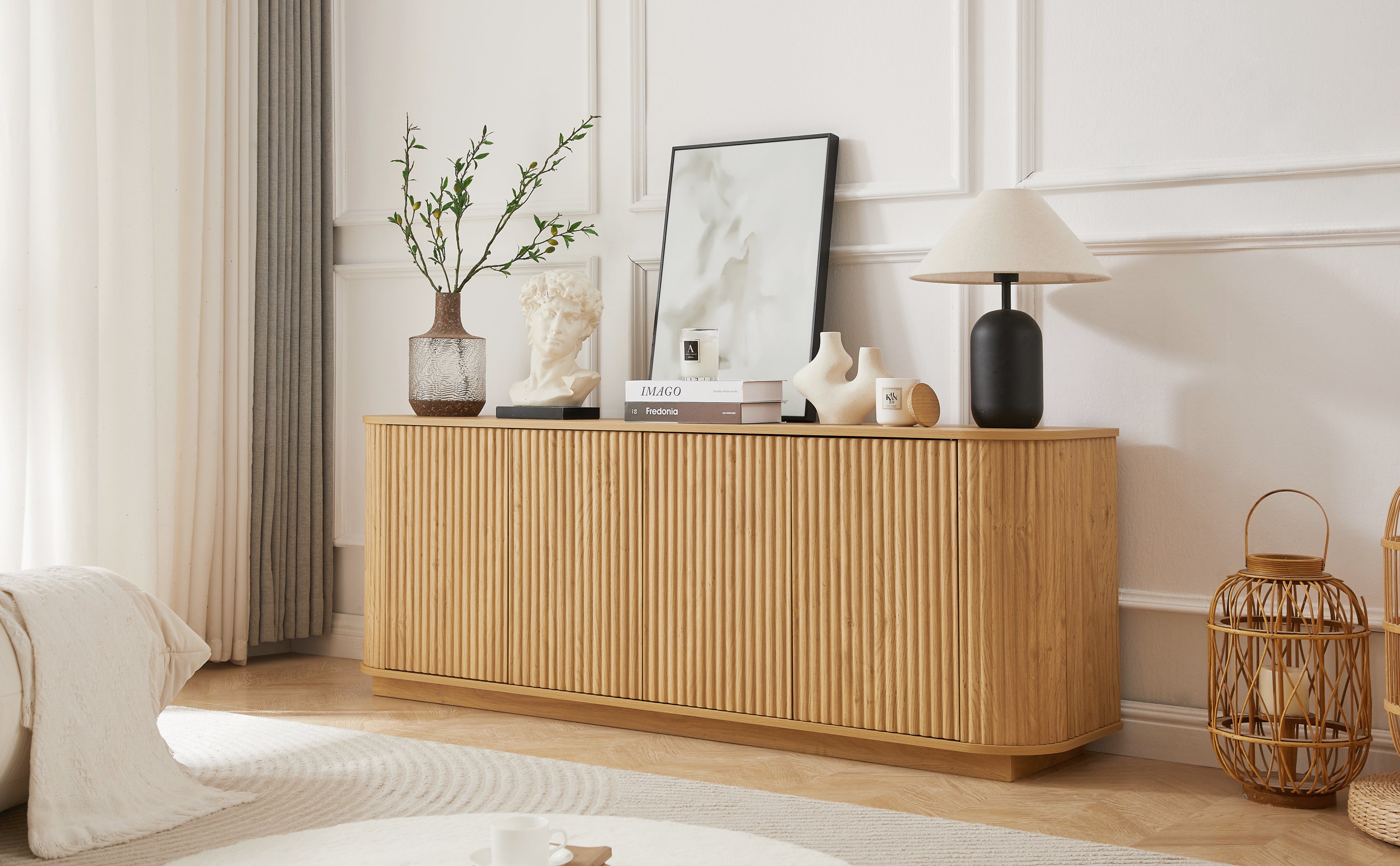 Sideboard Storage Cabinet TV Stand with wave pattern Buffet Cabinet Wooden Vertical Striped Cabinet for Kitchen/Bedroom/Entryway. Natural, 64''W x 15''D x 24''H. - Grand Goldman Shop