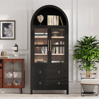 K&K 71' Tall Arched Kitchen Pantry Cabinet with 2 Large Drawers, Modern Farmhouse Kitchen Storage Cabinets with Adjustable Shelves, Glass Door, Wood Versatile Cupboard for Kitchens, Dining Room, Black - Grand Goldman Shop