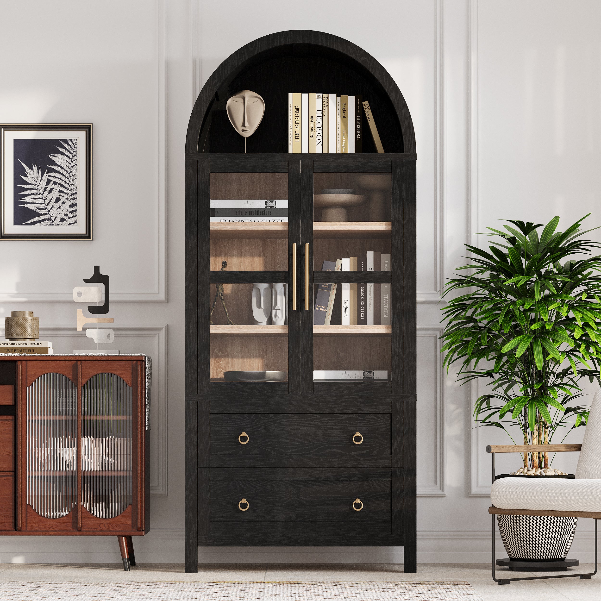 K&K 71' Tall Arched Kitchen Pantry Cabinet with 2 Large Drawers, Modern Farmhouse Kitchen Storage Cabinets with Adjustable Shelves, Glass Door, Wood Versatile Cupboard for Kitchens, Dining Room, Black - Grand Goldman Shop