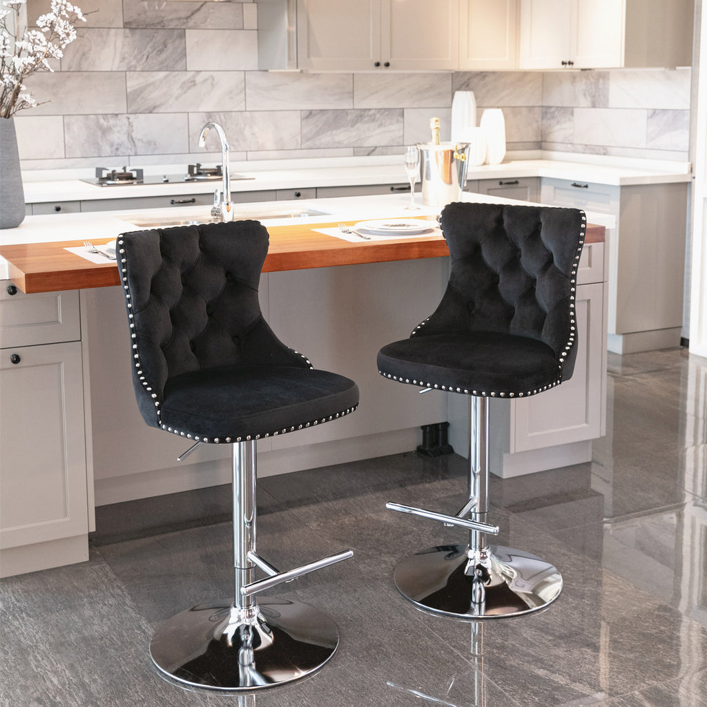 A&A Furniture Modern Swivel Velvet Barstools with Adjustable Height and Chrome Base, Black, Set of 2 - Grand Goldman Shop