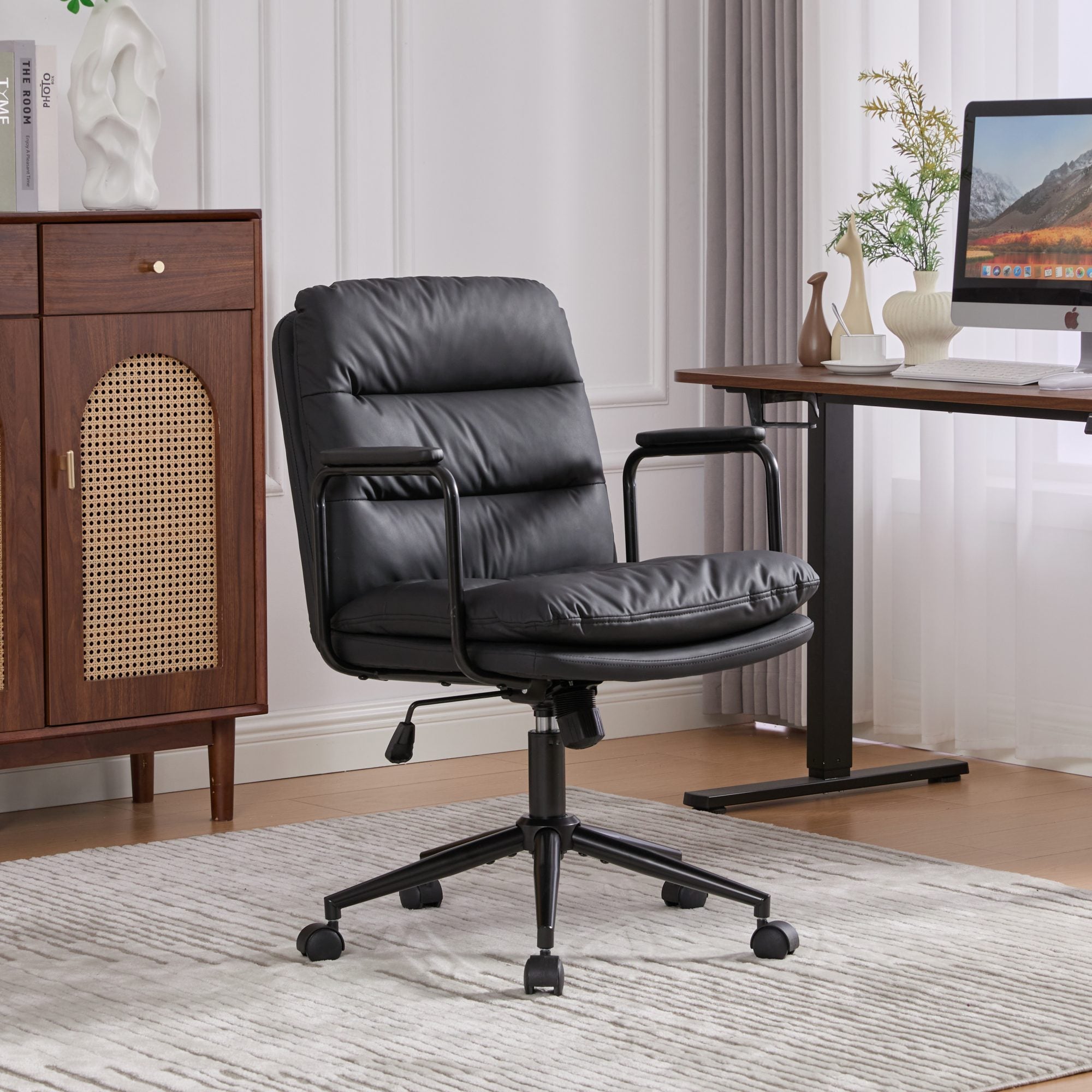Office Chair,Mid Back Home Office Desk Task Chair with Wheels and Arms Ergonomic PU Leather Computer Rolling Swivel Chair wit