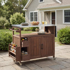 54.33' Farmhouse Rolling Outdoor Kitchen Cart, Solid Wood Frame with Stainless Steel Top, Spice Rack, Towel Rack, Lockable Wheels & Multi-Functional Storage for Patio, Backyard BBQ & Kitchen - Grand Goldman Shop