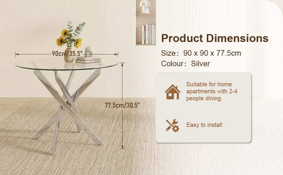 Round Dining Table, 35.5' Glass Dining Table with Silver Legs, Modern Kitchen Table for Home Kitchen, Dining Room - Grand Goldman Shop