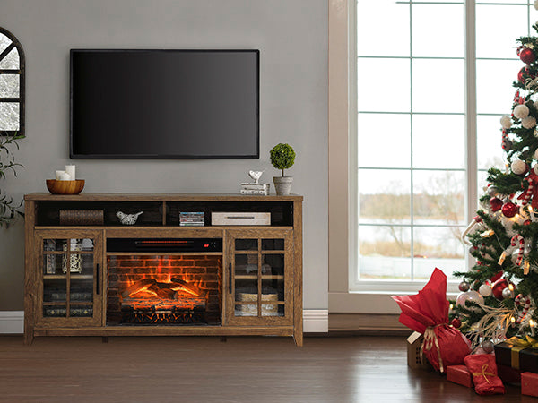 55 inch TV Media Stand with Electric Fireplace KD Inserts Heater,Reclaimed Barnwood Color - Grand Goldman Shop