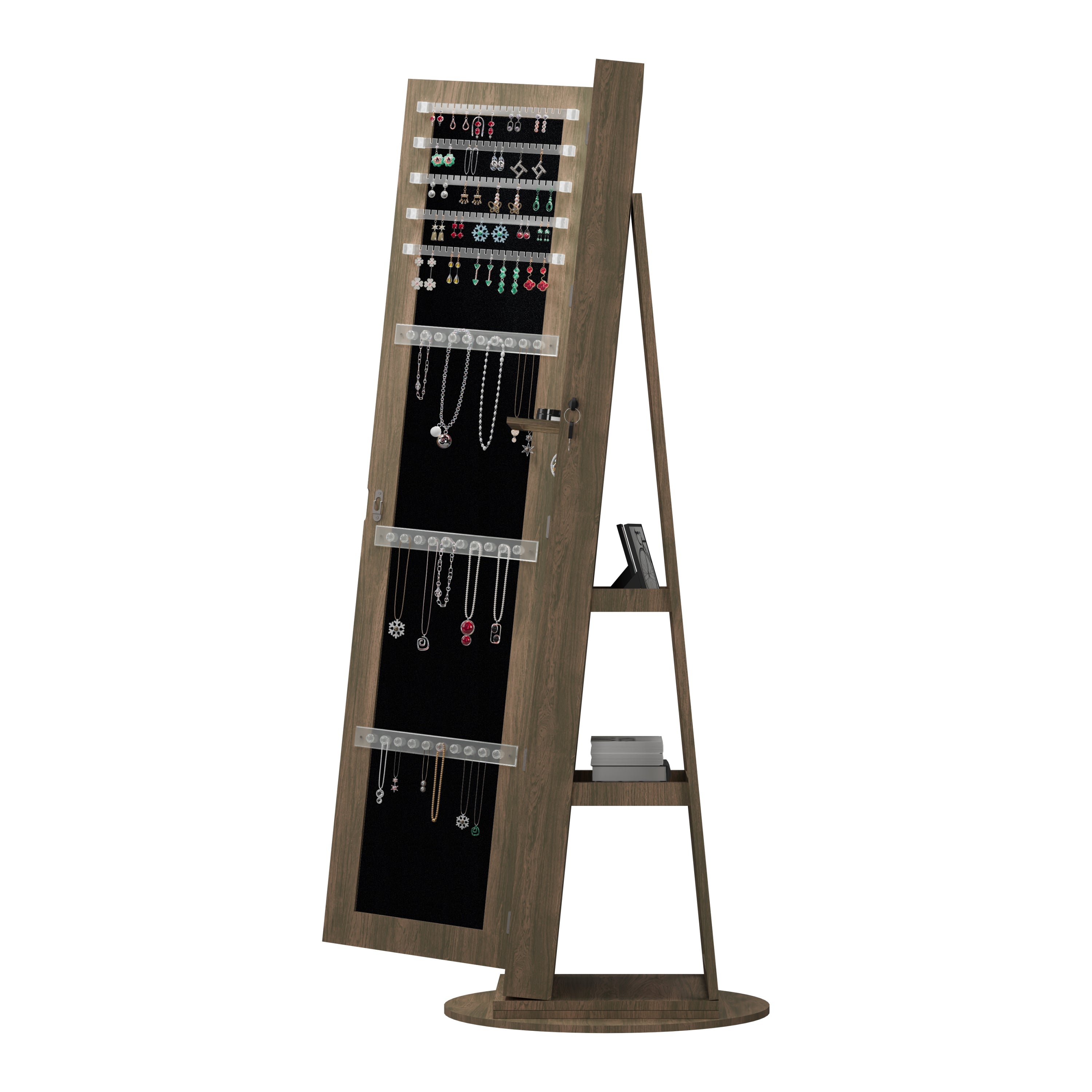 360°Swivel Jewelry Cabinet with Full Length Mirror, 360°Rotating Standing Jewelry Armoire Organizer , Lockable Storage Cabinet, Interior Lighted Mirror, Brown - Grand Goldman Shop