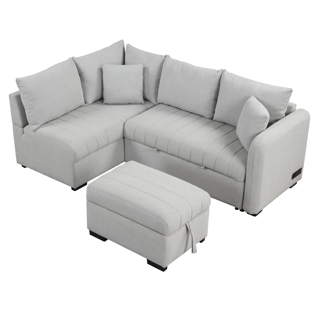 Modern L-shaped Sectional Pull Out Sofa Bed with USB Ports & Storage Ottoman, Gray Jacquard Fabric, 82.6' - Grand Goldman Shop