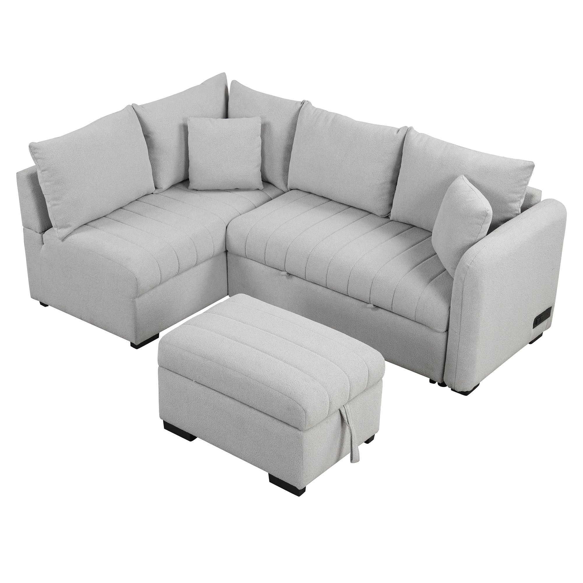 Modern L-shaped Sectional Pull Out Sofa Bed with USB Ports & Storage Ottoman, Gray Jacquard Fabric, 82.6' - Grand Goldman Shop