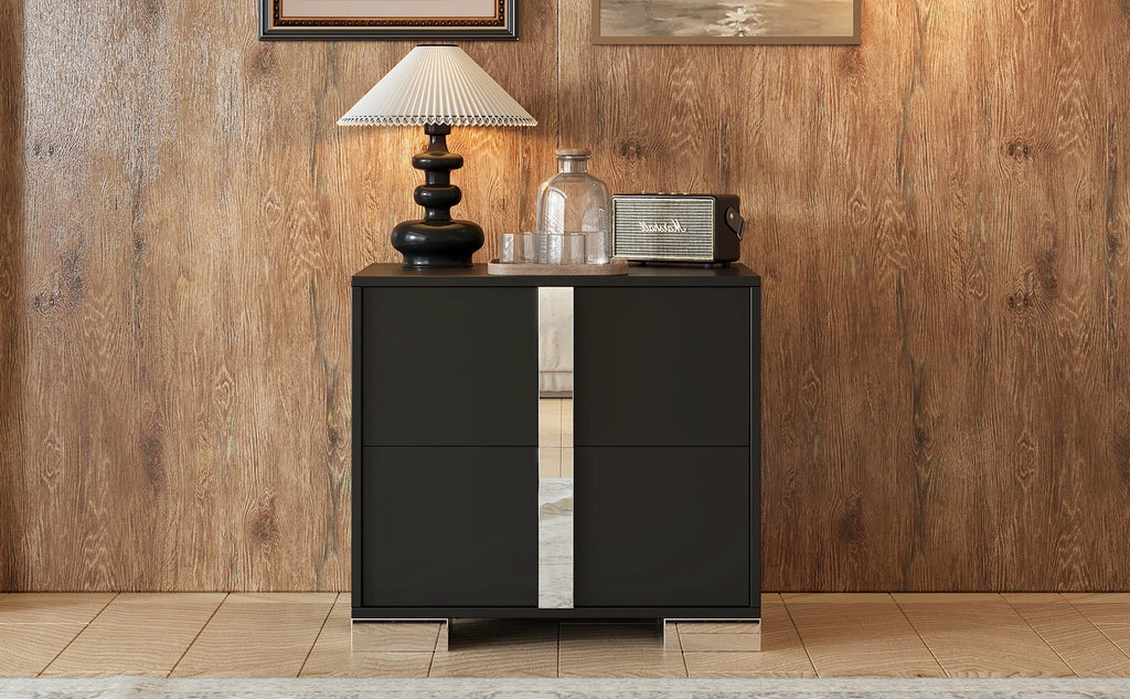 Elegant Nightstand with Metal Foot, Mirrored Bedside Table with 2 Drawers for Bedroom, Living Room, Black - Grand Goldman Shop