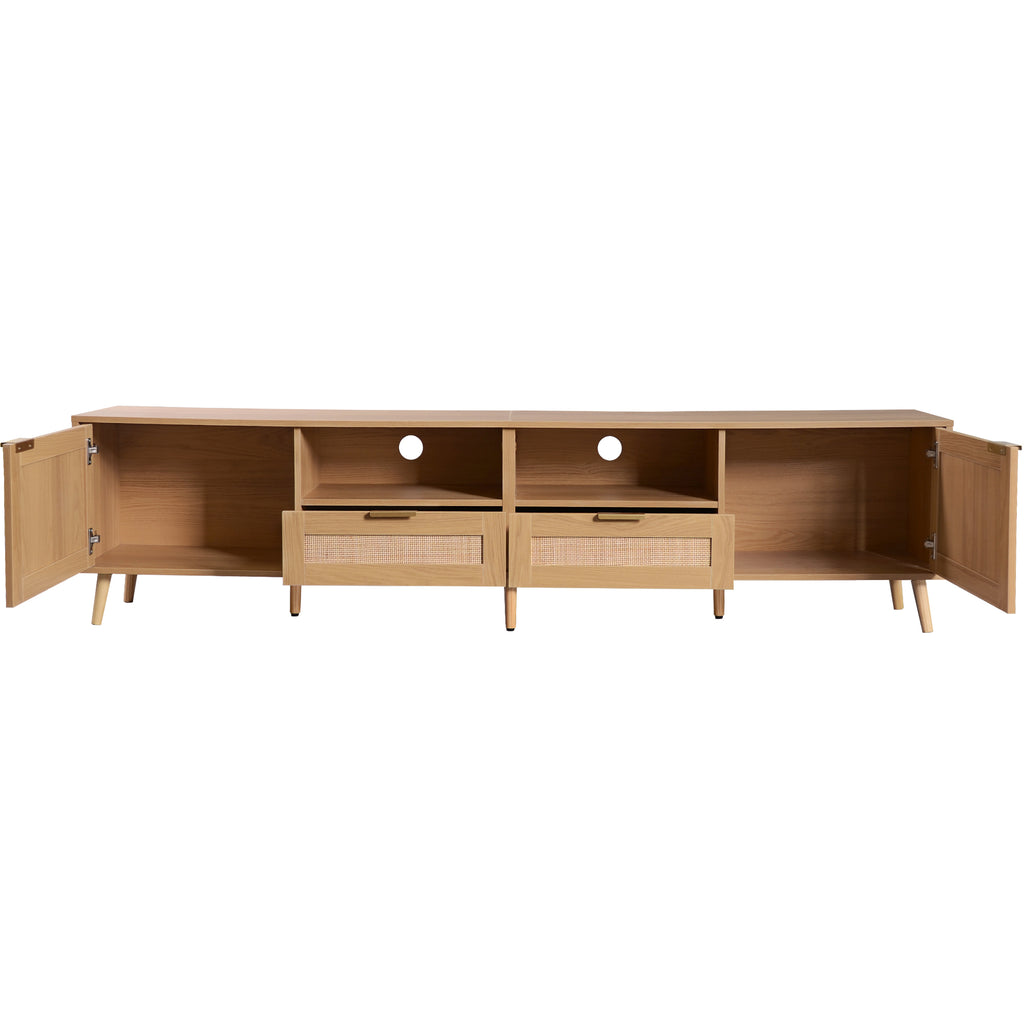Modern Farmhouse Rattan TV Stand for TVs up to 85'', Solid Wood Legs, Media Console with MDF Board, Living Room Entertainment Center in Wood Finish - Grand Goldman Shop