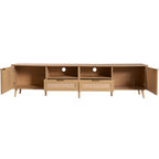 Modern Farmhouse Rattan TV Stand for TVs up to 85'', Solid Wood Legs, Media Console with MDF Board, Living Room Entertainment Center in Wood Finish - Grand Goldman Shop