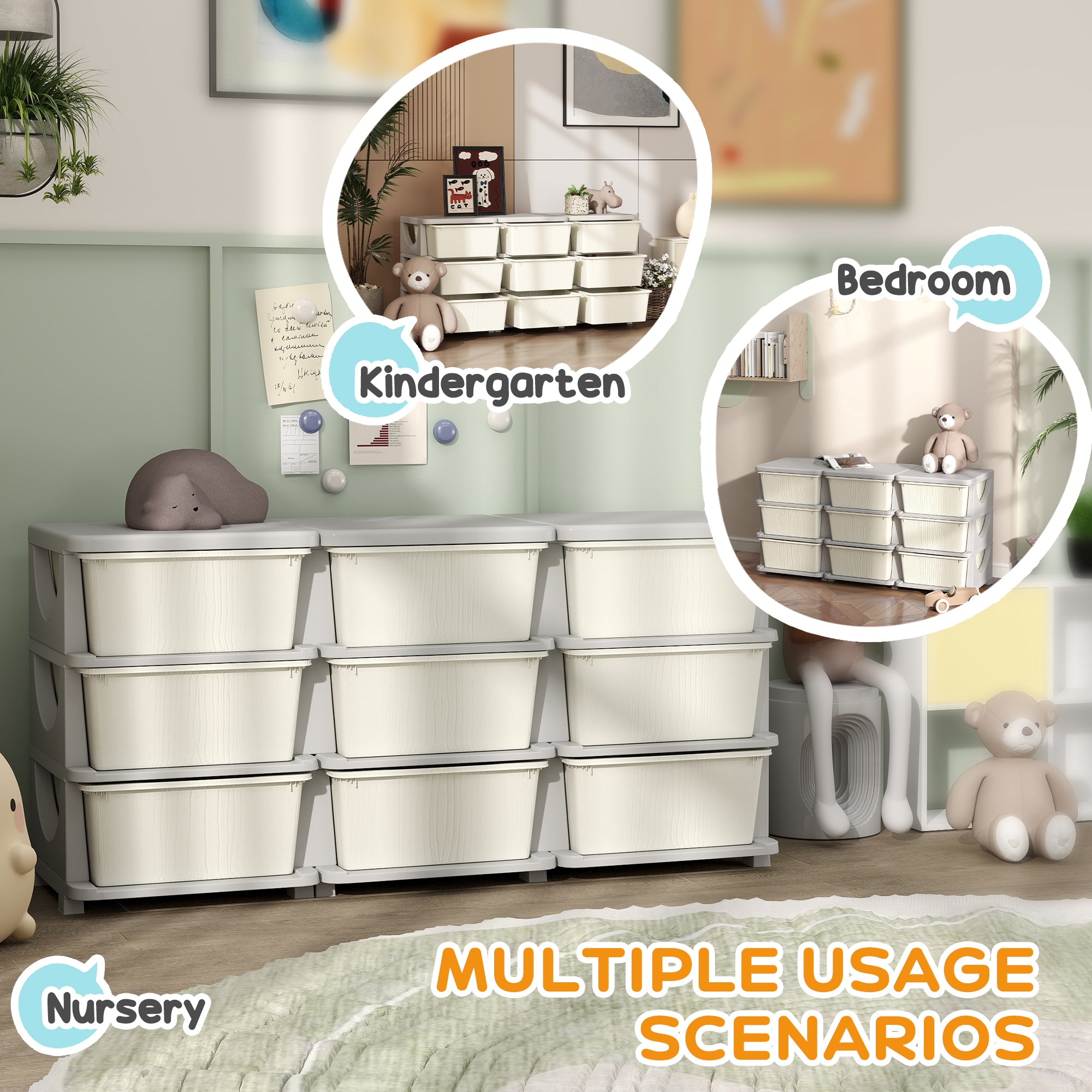 Qaba 3 Tier Kids Storage Unit, 9 Drawer Chest Toy Organizer Plastic Bins for Kids Bedroom Nursery Kindergarten Living Room fo