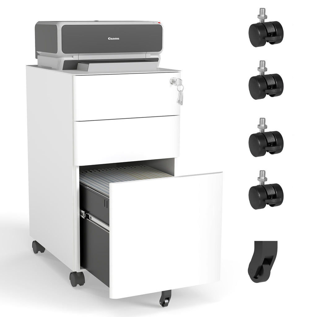 3-Drawer Mobile File Cabinet with Lock, All-Steel Metal Storage on Wheels, Two Shallow & One Deep Drawer for Office/Home, Ful