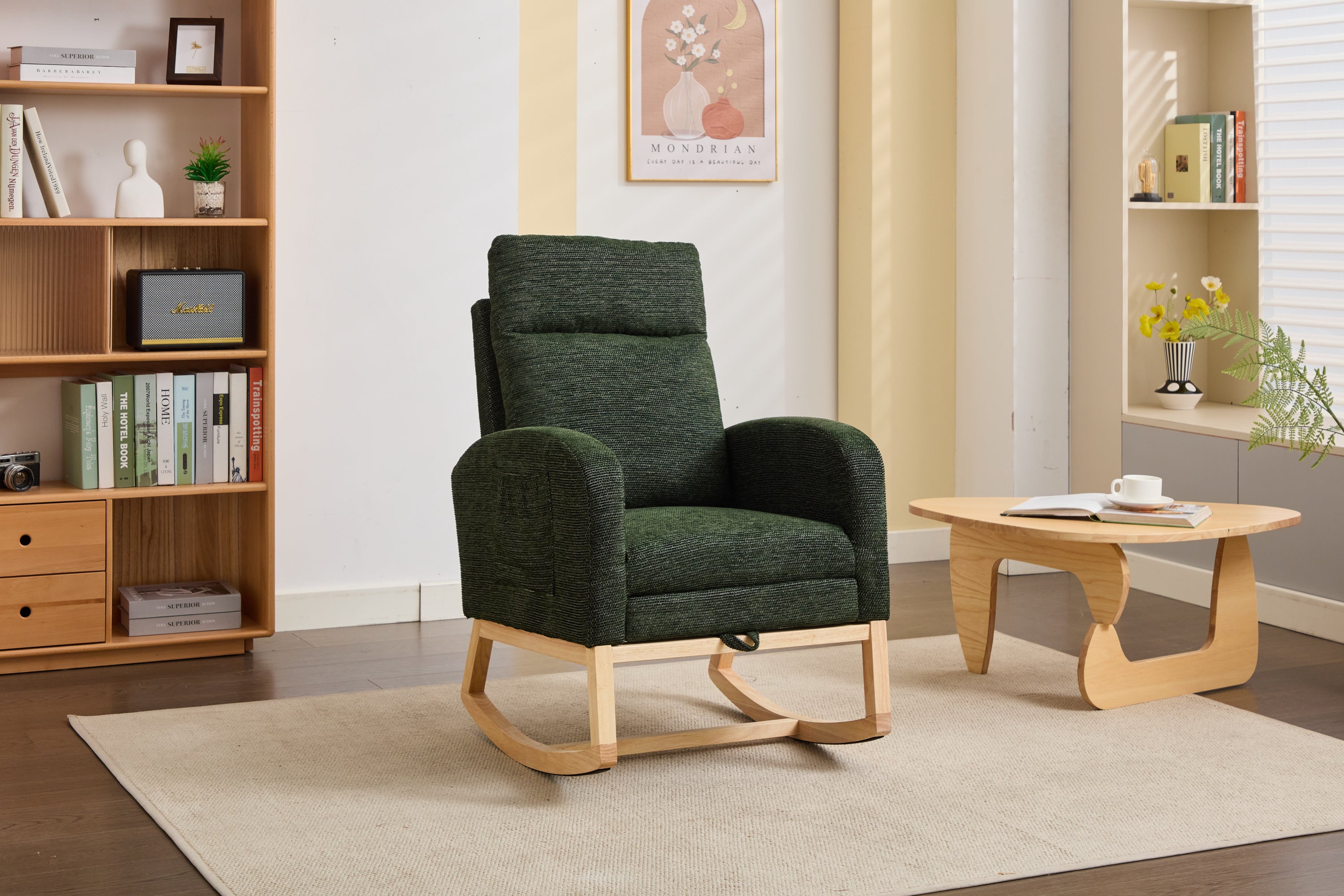 Modern Accent Rocking Chair Rocking Chair with Solid Wood Legs, Upholstered Nursery Glider Rocker, Comfy Armchair with Side Pocket, Living Room Lounge Arm Chair with High Backrest fabric - Grand Goldman Shop