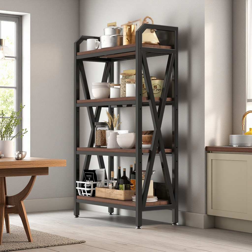 56.30'' Bakers Rack 4-Level Storage Shelves Metal and Wooden Kitchen Shelves, Kitchen Organizers and Storage, for Garage, Pantry, Bathroom, Closet ,33.50'' Length - Grand Goldman Shop