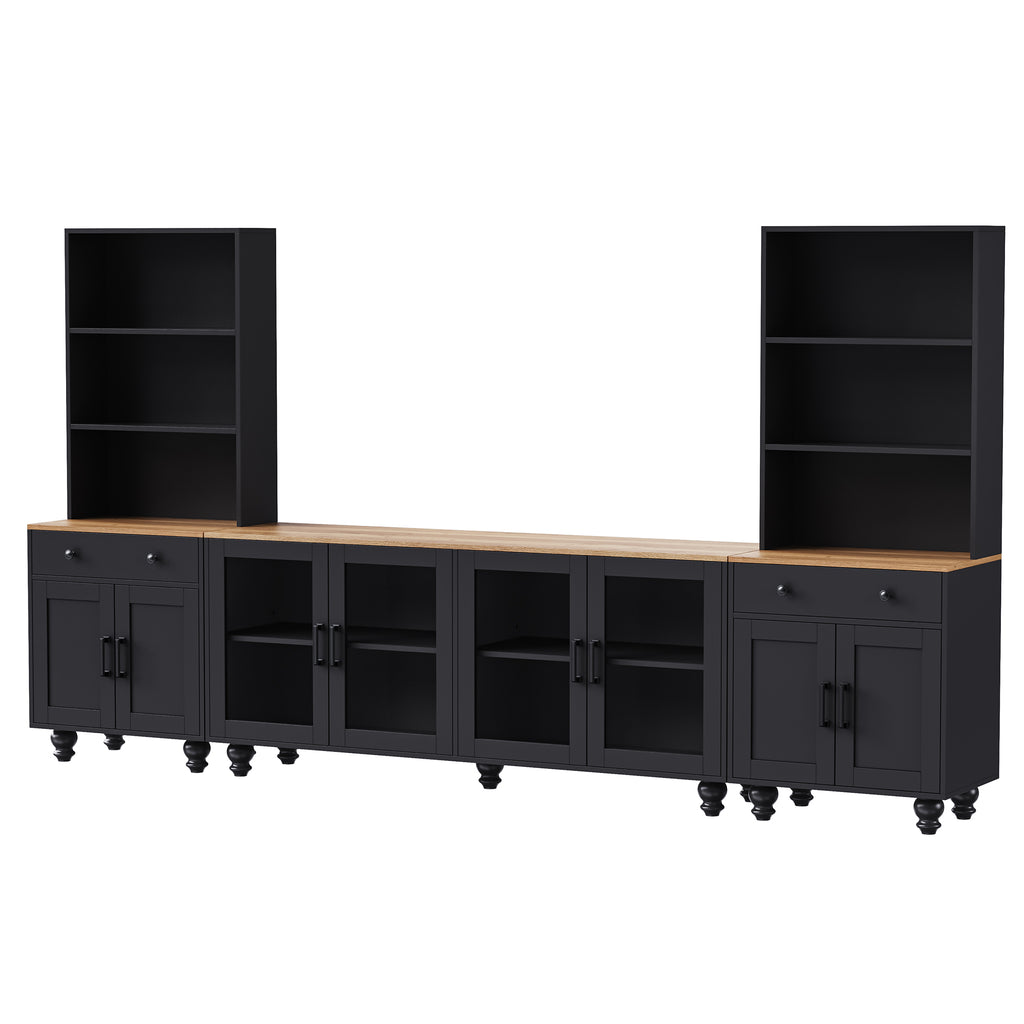 Farmhouse TV Stand with Solid Wood Gourd-Shaped Legs for TVs Up to 70', Entertainment Center with Bookshelves & Tempered Glass Doors, Media Console with Adjustable Shelves, Living Room, Black - Grand Goldman Shop