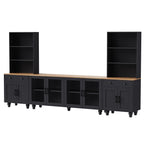 Farmhouse TV Stand with Solid Wood Gourd-Shaped Legs for TVs Up to 70', Entertainment Center with Bookshelves & Tempered Glass Doors, Media Console with Adjustable Shelves, Living Room, Black - Grand Goldman Shop