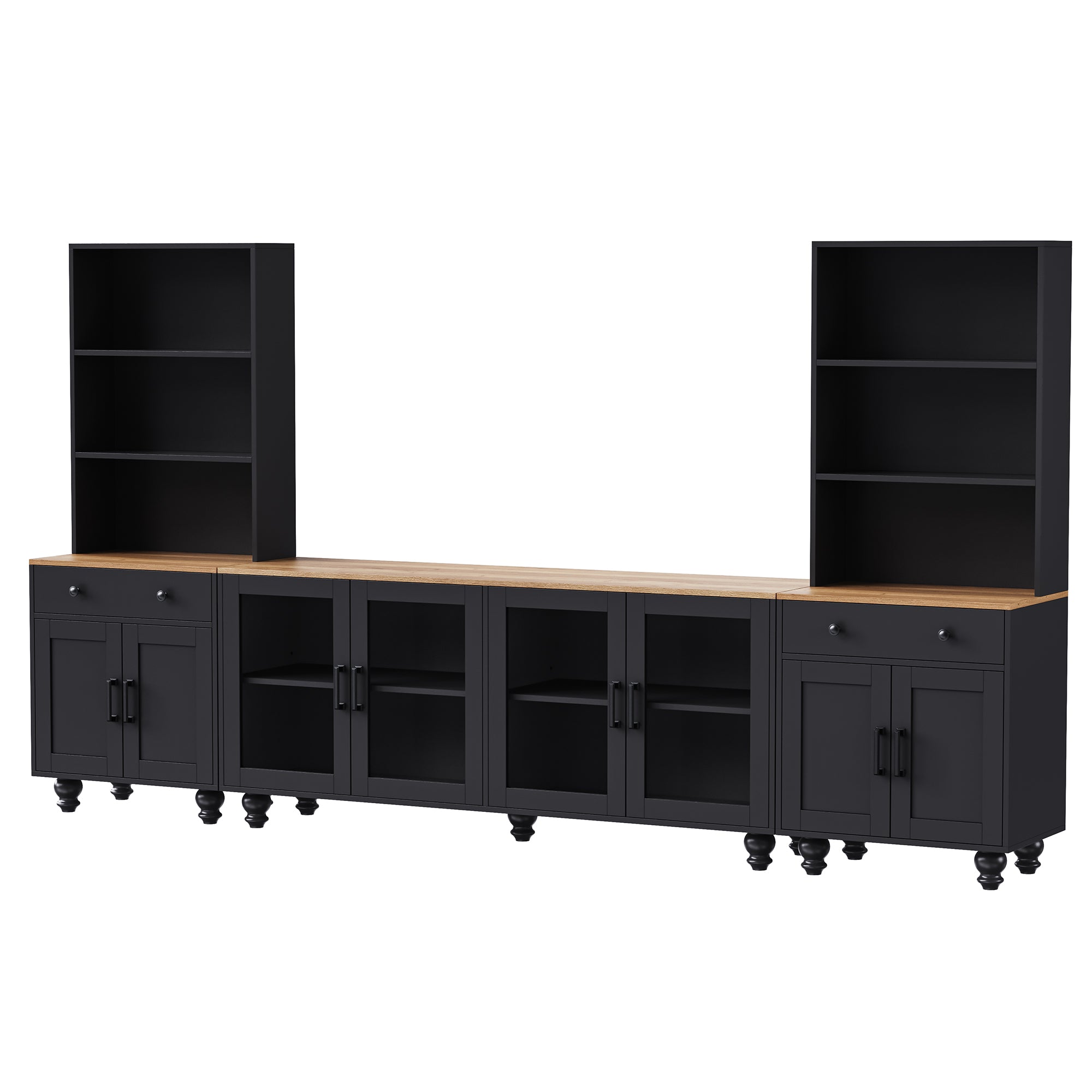 Farmhouse TV Stand with Solid Wood Gourd-Shaped Legs for TVs Up to 70', Entertainment Center with Bookshelves & Tempered Glass Doors, Media Console with Adjustable Shelves, Living Room, Black - Grand Goldman Shop