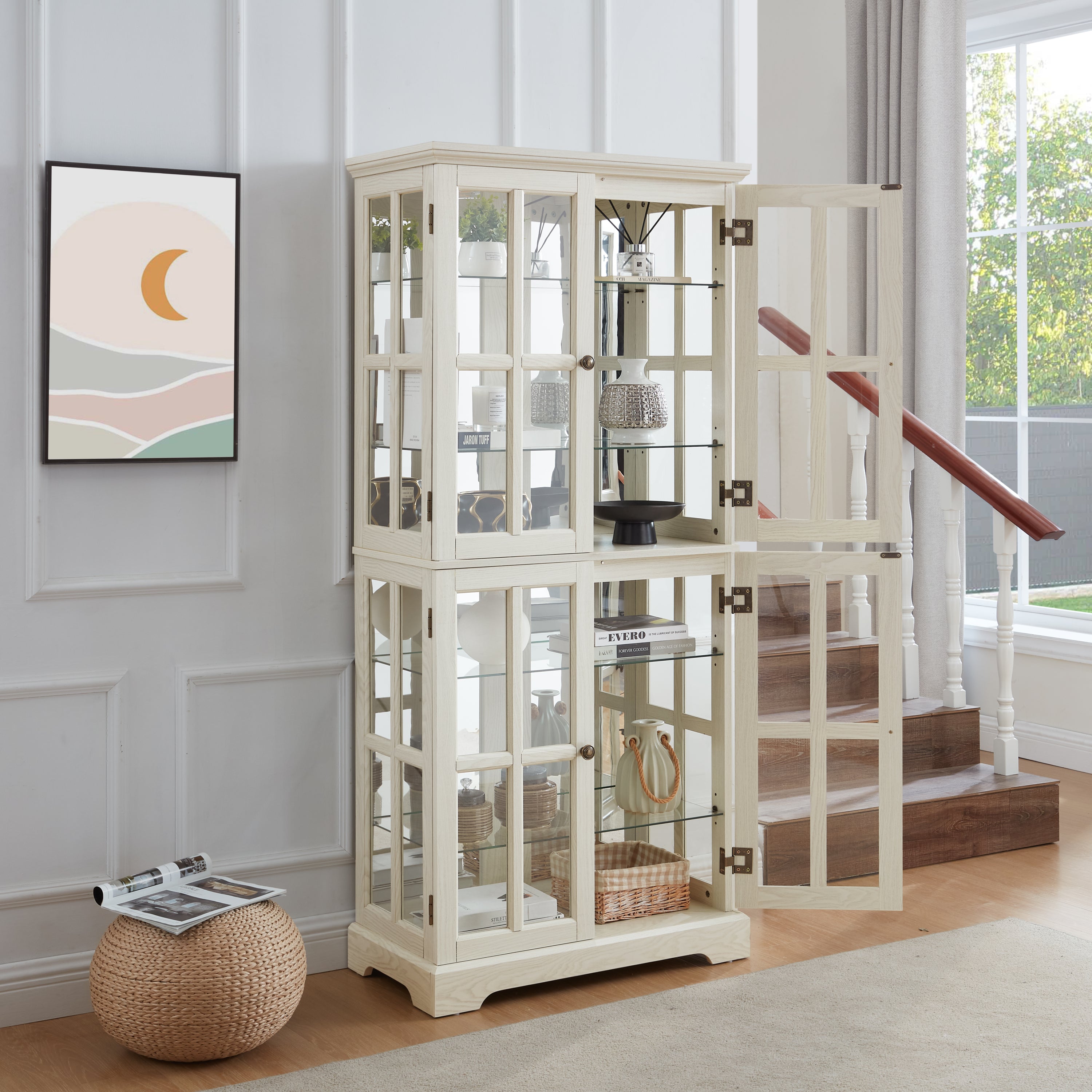 Curio Display Cabinet,Antique Display Cabinet with Glass Doors Adjustable Shelves for Collectibles Four Door Design Vintage Showcase for Home or Office Antique Display Case E26 Bulb Included  WHI - Grand Goldman Shop
