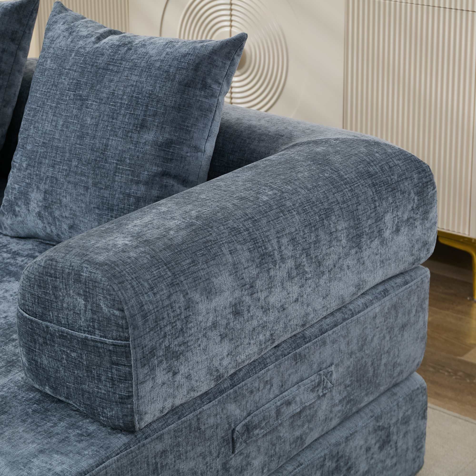 Comfy Convertible Folding Mattress Couch, Floor Sofa Bed, Chenille Floor Sofa with Armrest, Floor Sofa Lounge Couch for Living Room Bedroom Lounge Studio-Blue - Grand Goldman Shop