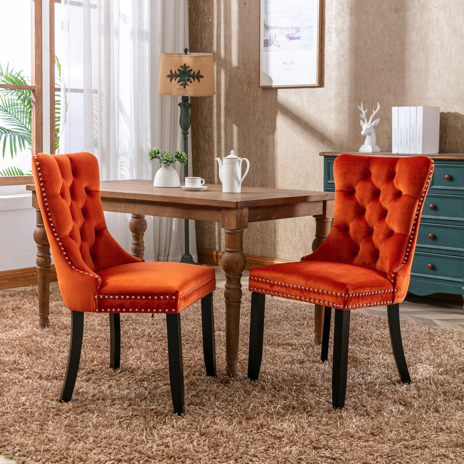 Nikki Collection Modern, High-end Tufted Solid Wood Contemporary Velvet Upholstered Dining Chair with Wood Legs Nailhead Trim 2-Pcs Set, Orange, SW2001OG - Grand Goldman Shop
