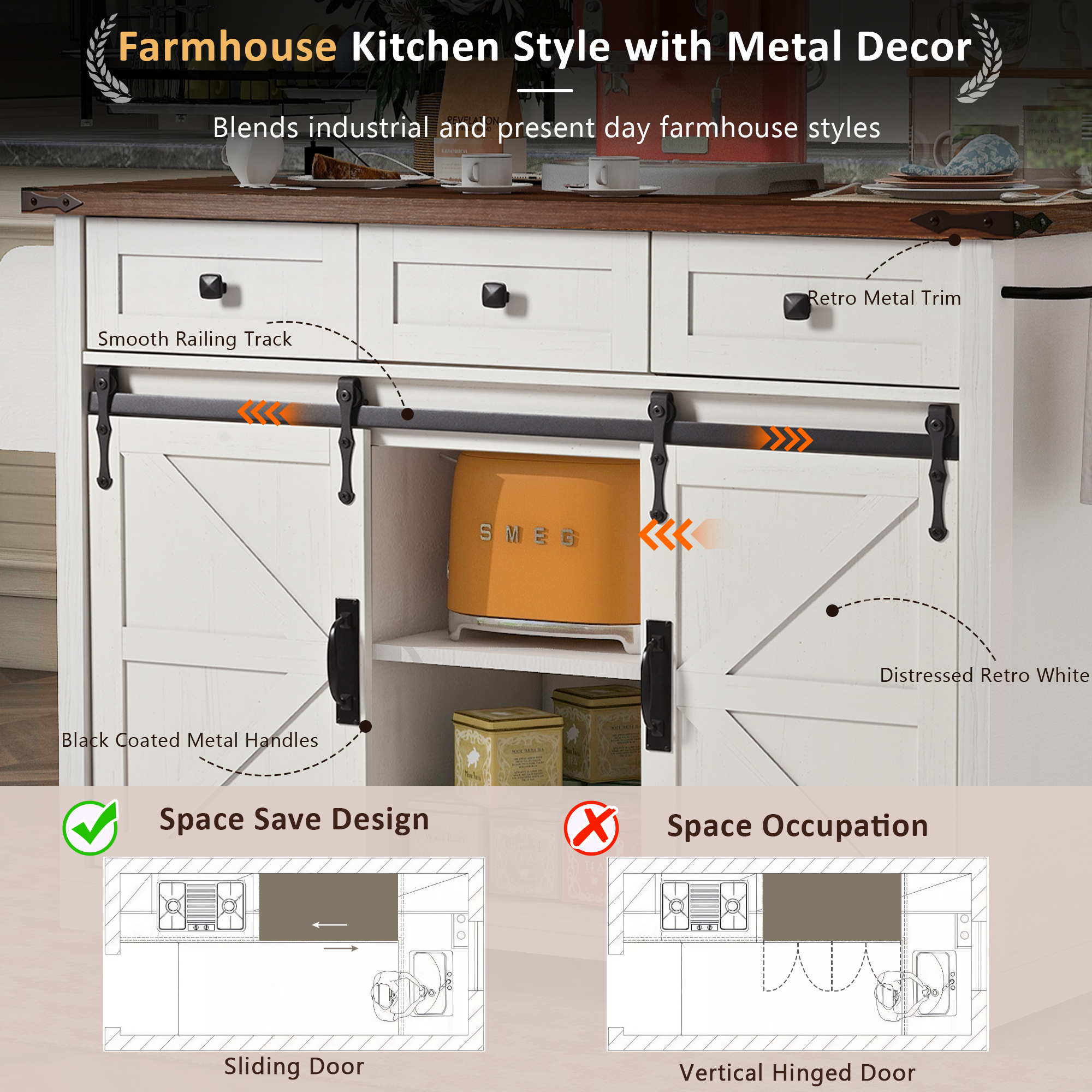 K&K 53.7' Farmhouse Kitchen Island with Power Outlet, 2 Sliding Barn Door Kitchen Storage Island with Drop Leaf, Spice Rack Rolling Kitchen Cart on Wheels, for Home, Kitchen and Dining Room, White - Grand Goldman Shop