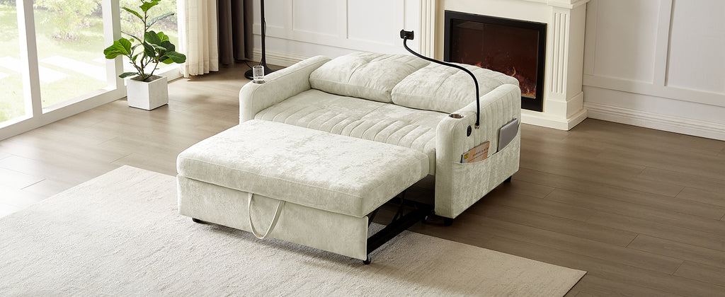 Modern 53.9' Loveseat Pull-out Sofa Bed with Adjustable Backrest, Cup Holders, Charging Ports & Side Storage in Beige Chenille - Grand Goldman Shop