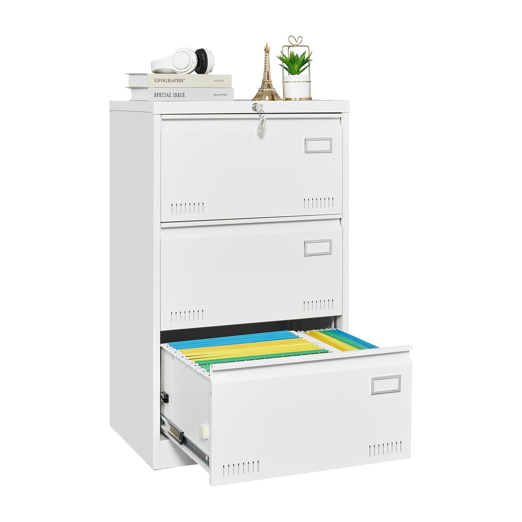 Contemporary White Metal Lateral File Cabinet with Lock, 3 Drawer Office Storage for Legal/Letter/A4/F4 - Grand Goldman