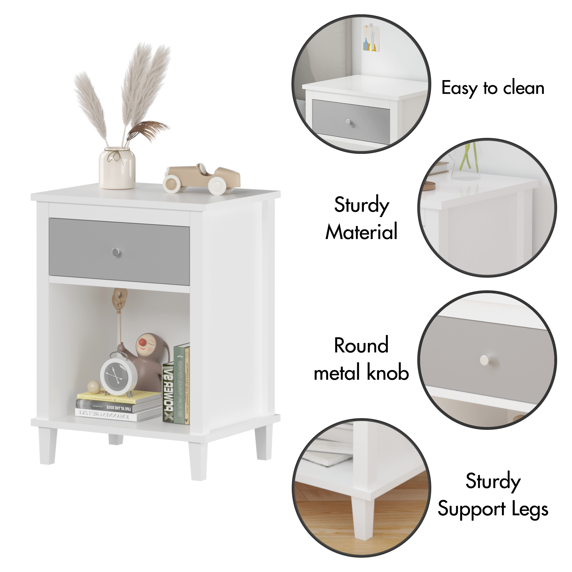 Gray+Silver Handle Wooden Nightstand 26.77''H with One Drawer One Shelf for Kids and Adults, White+Gray Finish MDF - Grand Goldman Shop
