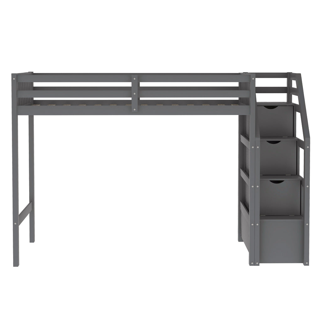 Gray Twin over Full Loft Bed with Staircase and Storage, Pine Wood and MDF, 97.2''L x 78.4''W x 61.4''H - Grand Goldman Shop