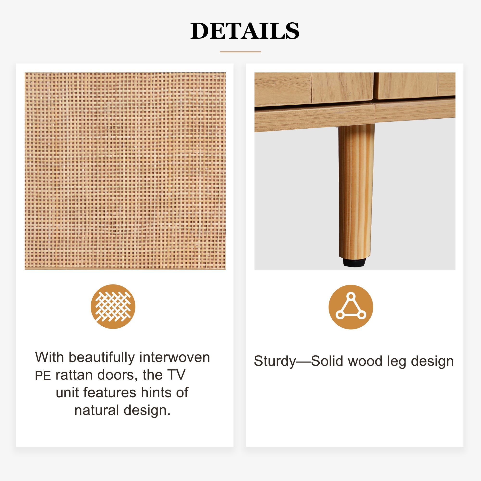 Modern Farmhouse Rattan TV Stand for TVs up to 85'', Solid Wood Legs, Media Console with MDF Board, Living Room Entertainment Center in Wood Finish - Grand Goldman Shop
