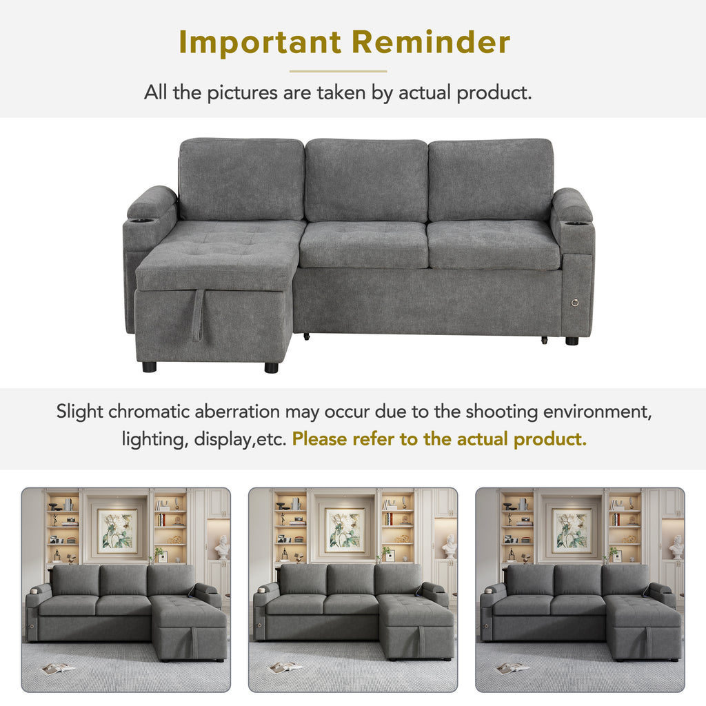 Modern L-shaped Convertible Sofa Bed with Storage, Cup Holders, USB Ports, Gray Chenille, 83.5' - Grand Goldman Shop