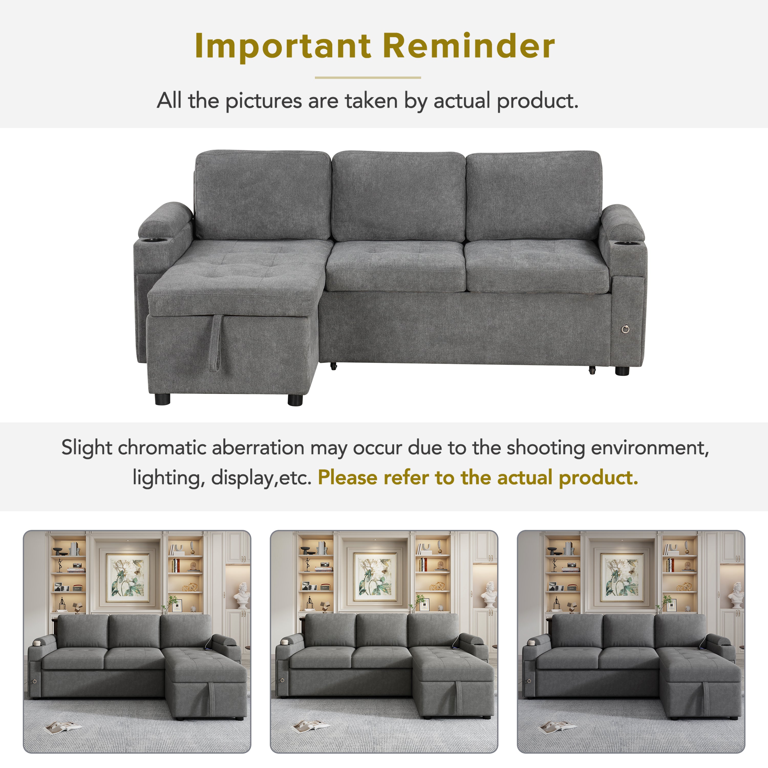 Modern L-shaped Convertible Sofa Bed with Storage, Cup Holders, USB Ports, Gray Chenille, 83.5' - Grand Goldman Shop