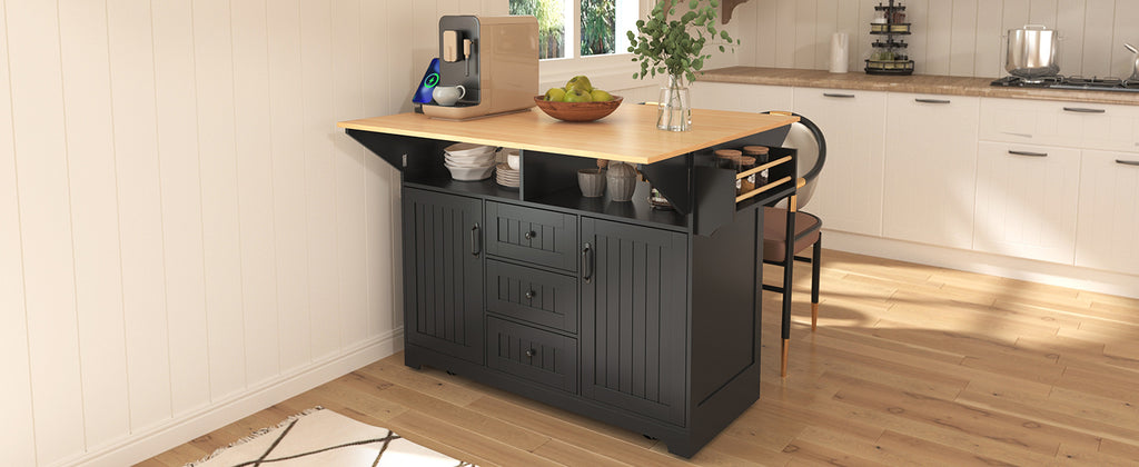 K&K 55.7'' Large Kitchen Island with 2 Drop Leaf,, Rolling Kitchen Cart on 5 Wheels with Power Outlet, Folding Storage Dining Table with Spice & Towel Rack , 3 Drawers, for Kitchen, Dining Room,Black - Grand Goldman Shop