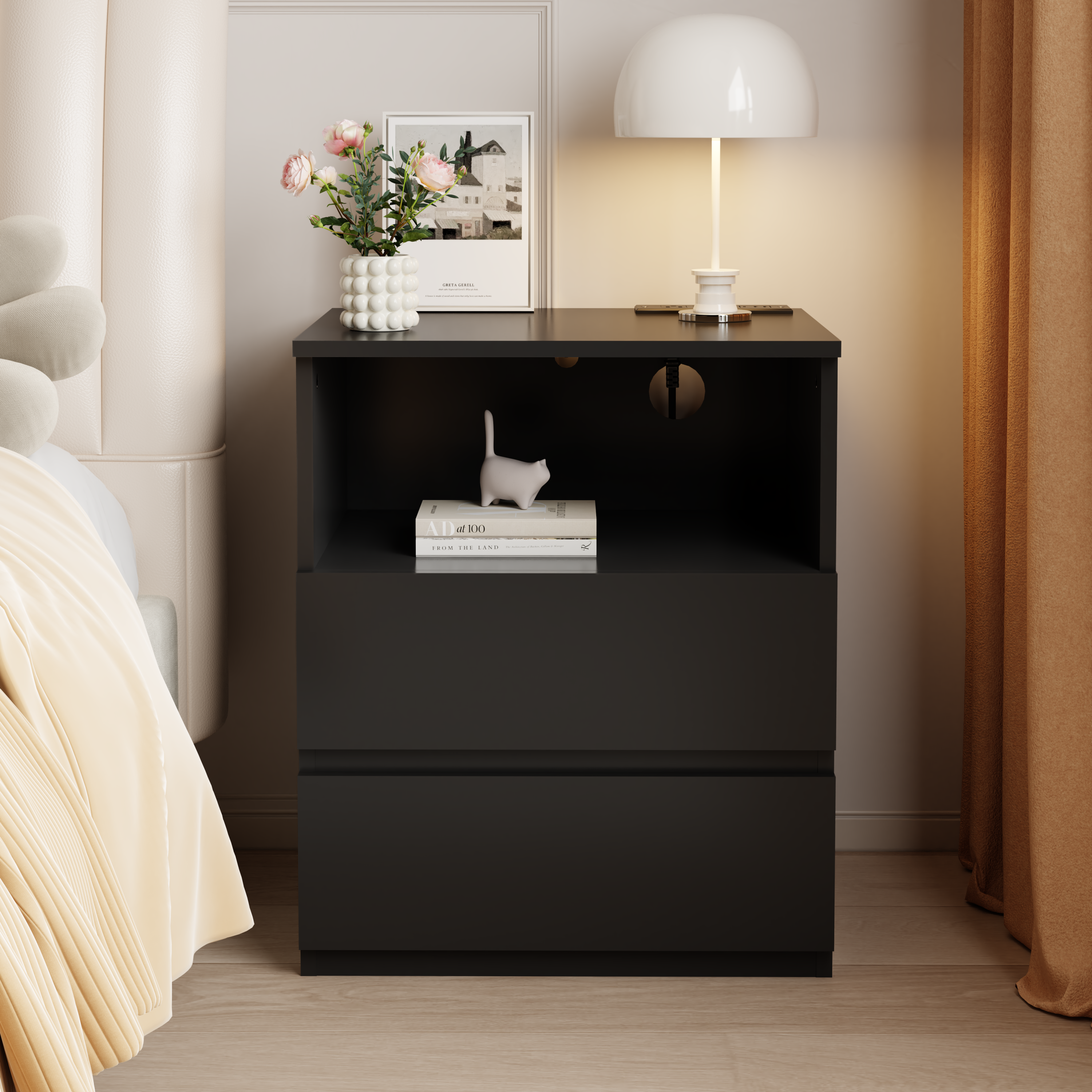 (Set of 2)End Table with Fast USB C Charging Station, Sofa Side Table with 2 Drawers, Large Storage Modern Wood Storage Cabinet for Living Room,Bedroom,Office, Black - Grand Goldman Shop