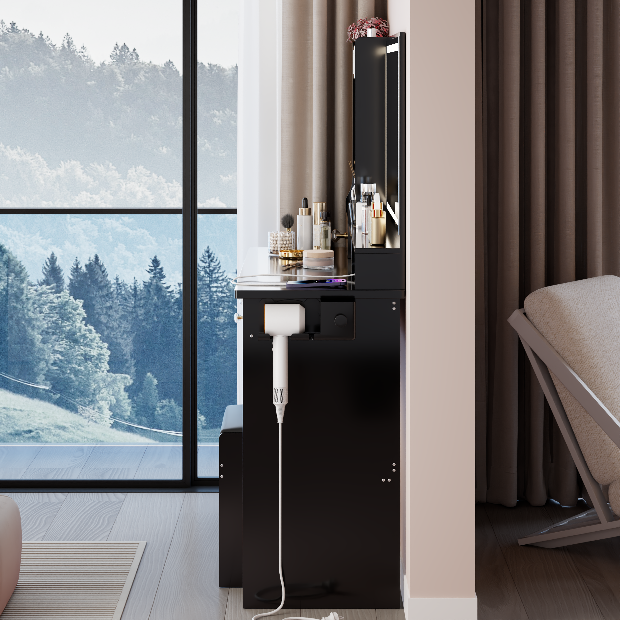 41' Large Size Left Drawer Desktop Vanity Table+Cushioned Stool Dresser Set, 2 AC+2 USB Power Station, Hair Dryer Stand, Extra Large Touch Control LED Mirror, 3-color Switch, EPA, GCC, UL Certificate - Grand Goldman Shop