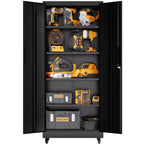 71'H Metal Garage Storage Cabinet with Wheels and Lock, Heavy Duty Rolling Metal Cabinet, 4 Adjustable Shelves (180lb Each), 