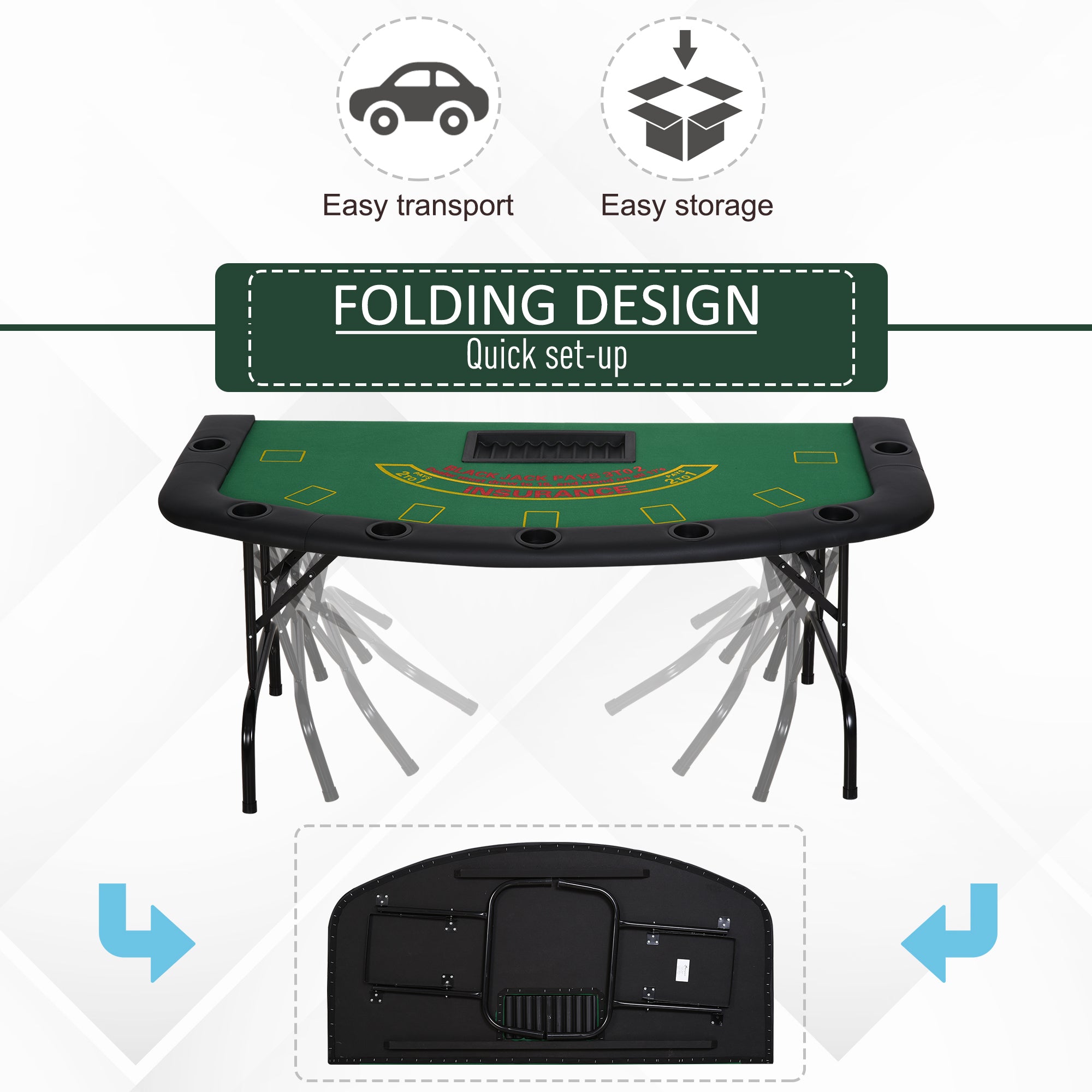 Soozier Poker Table Foldable, 72' Blackjack Table for 7 Players with Chip & Cup Holder, Green Felt - Grand Goldman