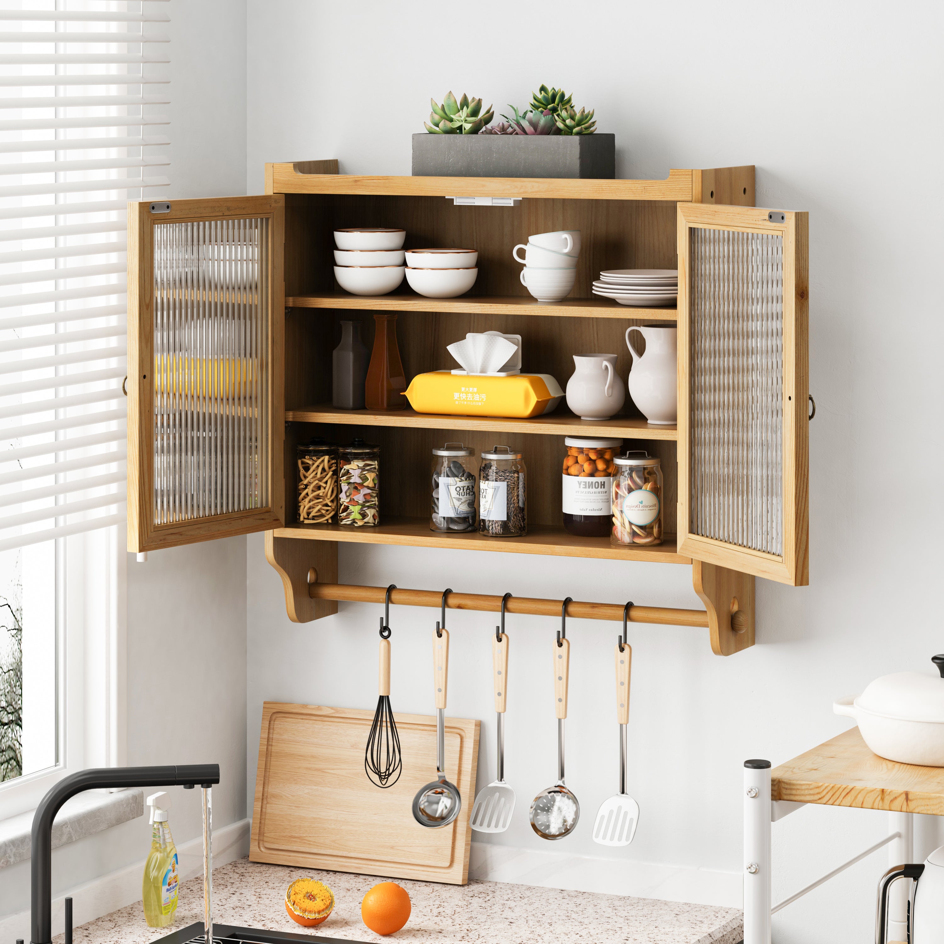 24.8''Glass Door Vintage Double Door Wall Cabinet With Three Tiers of Storage With Towel Rack,for Bathroom, Kitchen,,Dining Room,Natural - Grand Goldman Shop