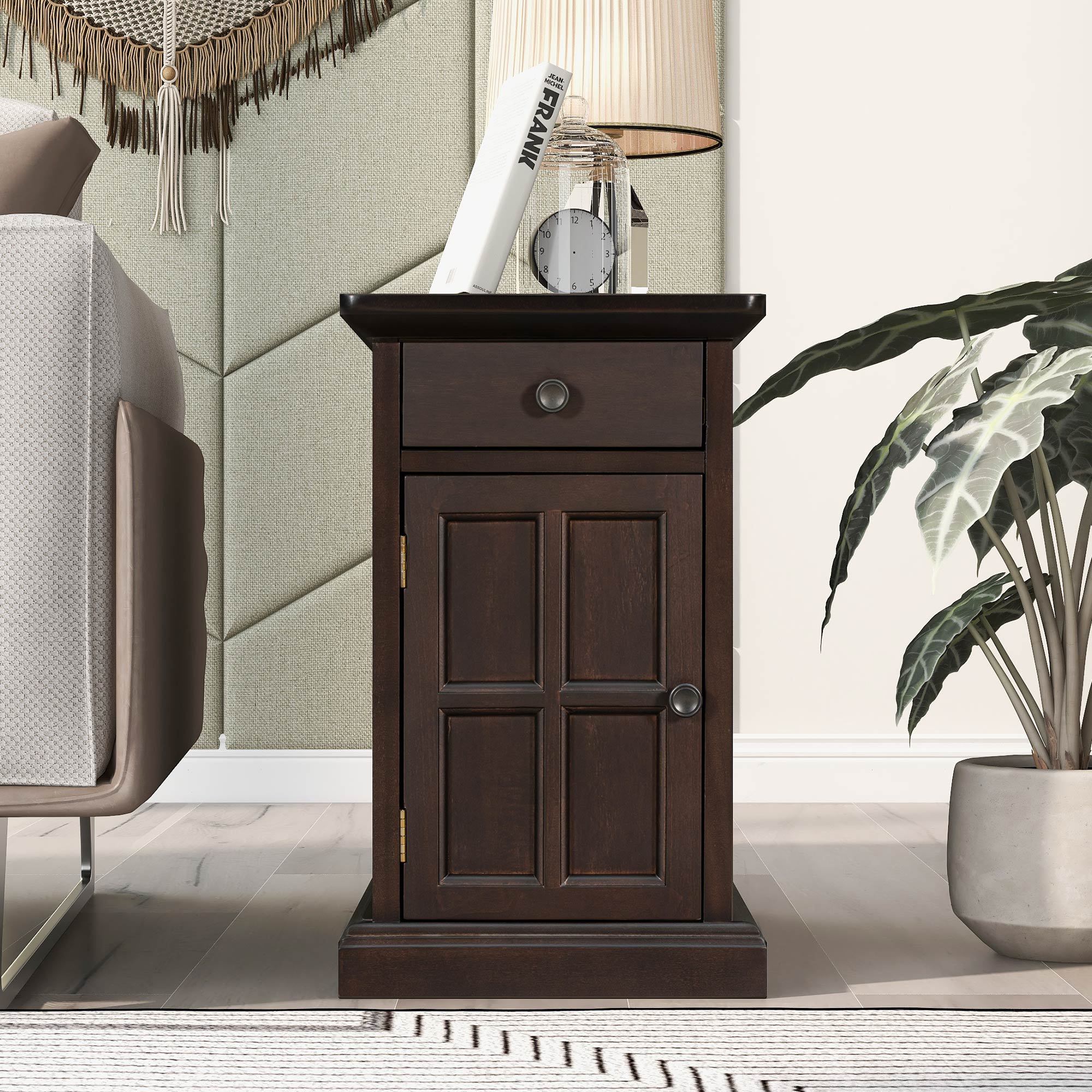 U-Can Classic Vintage Livingroom End Table Side Table with USB Ports and One Multifunctional Drawer with cup holders, Antique Espresso (Old SKU: WF296294AAP) - Grand Goldman Shop
