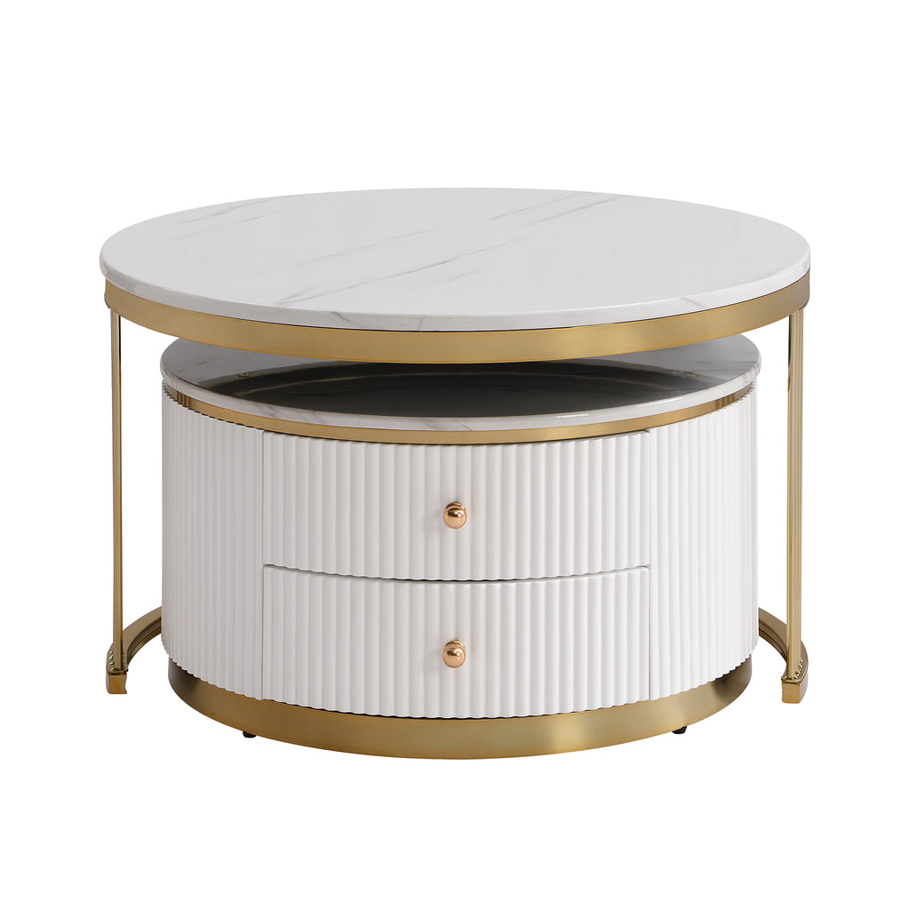 Modern 2 Pieces White Round Nesting  Coffee Table with Drawers in 27.6'' - Grand Goldman Shop