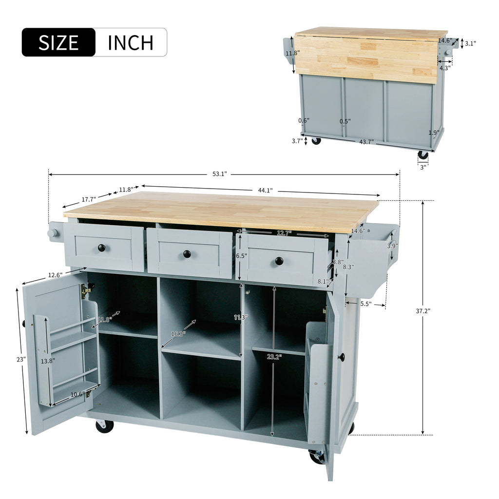Kitchen Cart with Rubber wood Drop-Leaf Countertop ,Cabinet door internal storage racks,Kitchen Island on 5 Wheels with Storage Cabinet and 3 Drawers for Dinning Room, Grey Blue - Grand Goldman Shop