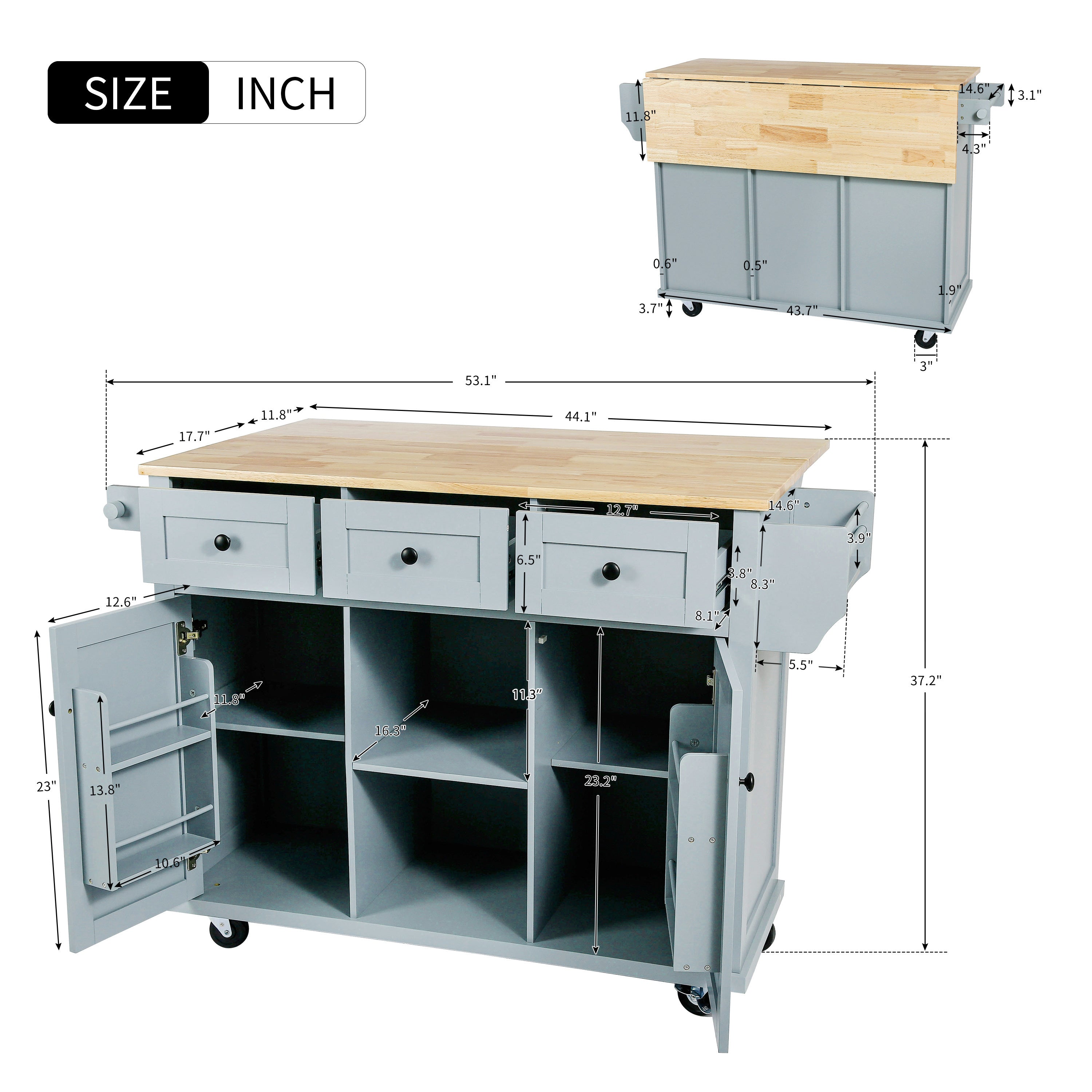 Kitchen Cart with Rubber wood Drop-Leaf Countertop ,Cabinet door internal storage racks,Kitchen Island on 5 Wheels with Storage Cabinet and 3 Drawers for Dinning Room, Grey Blue - Grand Goldman Shop