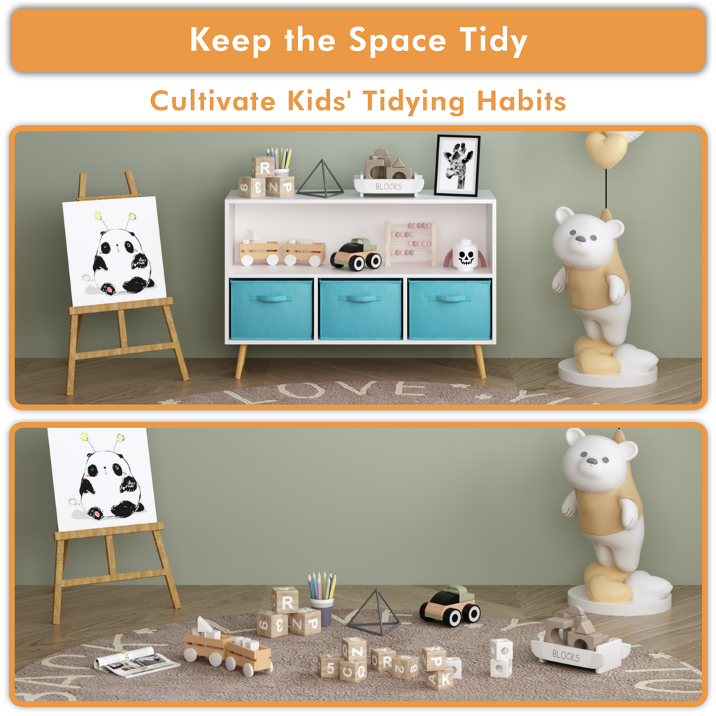 Kids bookcase with Collapsible Fabric Drawers, Children's Book Display, Toy Storage Cabinet Organizer, White/Blue | Premium H