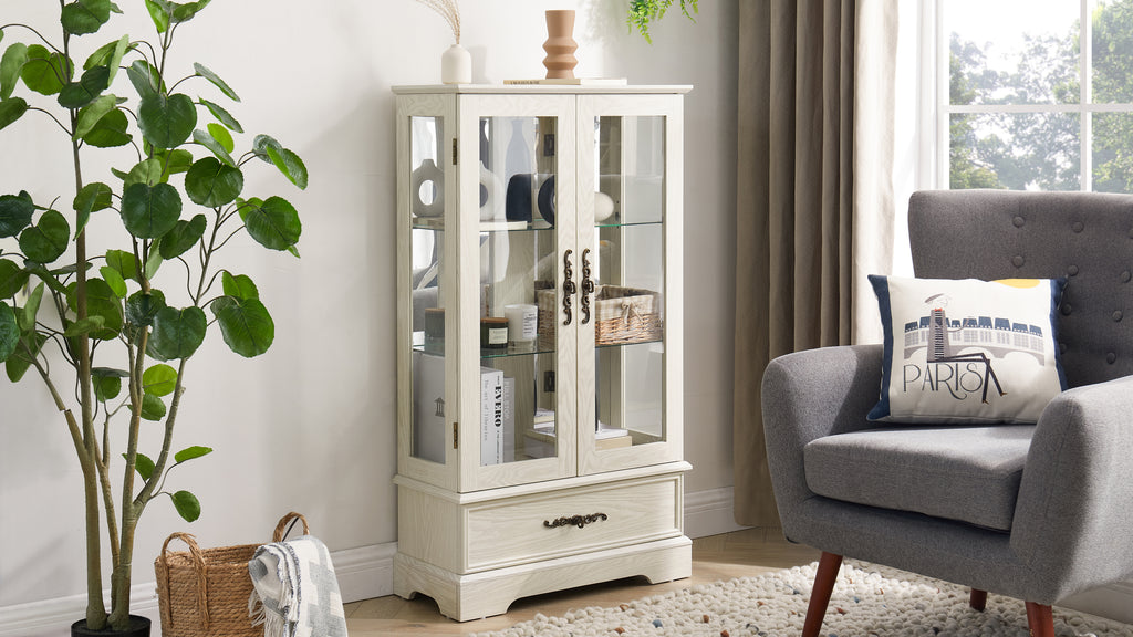 Glass Cabinet Lighted Glass Cabinet Curio Display Cabinet with Adjustable Glass Shelves 2 Doors and 1 drawer Cabinet Bulb Included White - Grand Goldman Shop