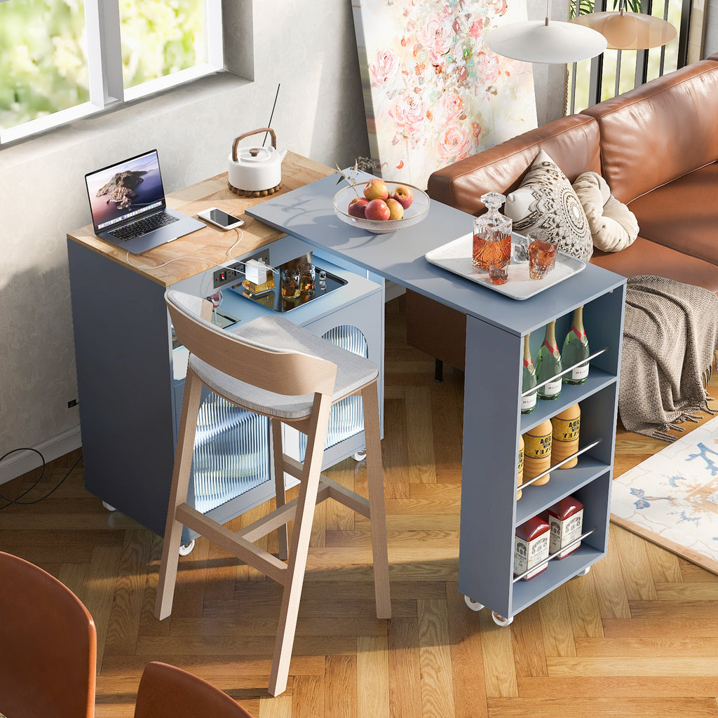 K&K Rolling Kitchen Island With Extended Table, Kitchen Island on Wheels with LED Lights,Power Outlets and 2 Fluted Glass Doors, Kitchen Island with a Storage Compartment and Side 3 Open Shelves, Grey - Grand Goldman Shop