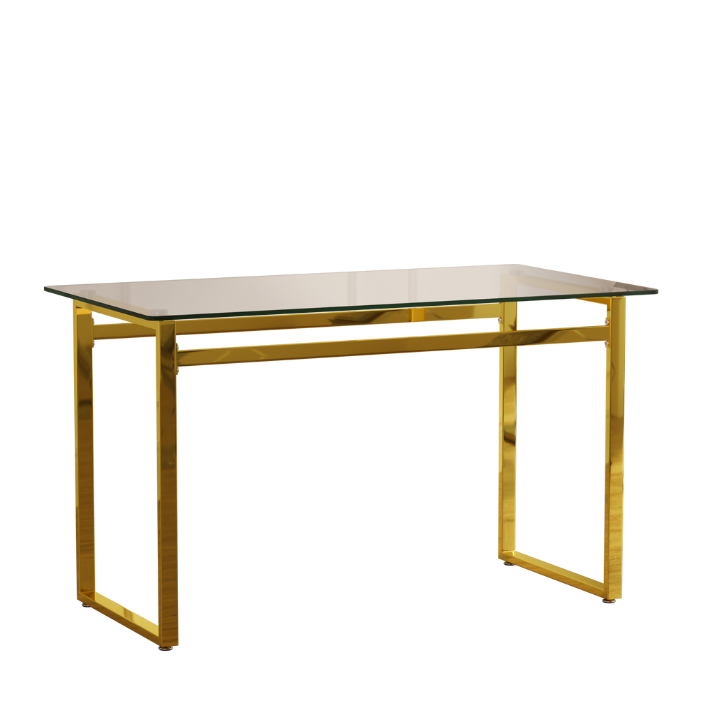 Modern Minimalist Rectangular Glass Dining Table with Tempered Glass Tabletop and Golden Chrome Metal Legs for 4-6 - Grand Goldman Shop